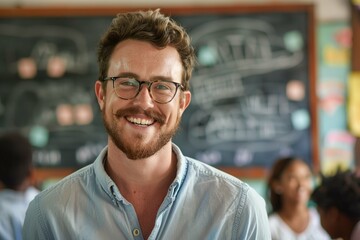 Fototapeta premium Portrait of man teacher looking at camera with copy space. Happy young lecturer at classroom standing after giving lecture. Satisfied high school teacher smiling while his students studying.