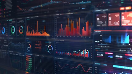 A large wall covered with various graphs, charts, and statistics displayed in a data-heavy presentation.