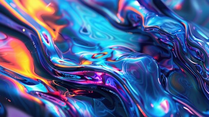 Obraz premium Background with fluid smooth chrome liquid texture waves, motion holographic effect wallpaper or banner