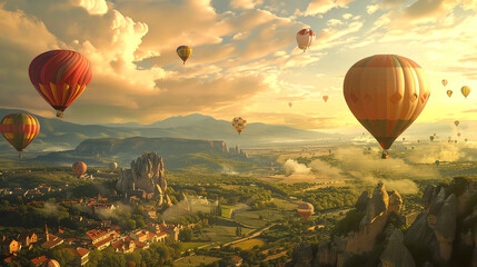 Many hot air balloons in the sky. The sky is yellow and cloudy and the balloons are mostly red, green, blue, and yellow.