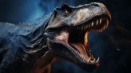 Dinosaur head with open mouth on dark background.
