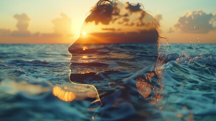 A serene silhouette of a person overlaid with ocean waves and a beautiful sunset, symbolizing tranquility and connection with nature.
