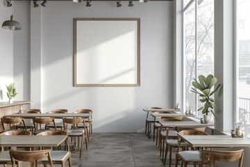Modern Cafe Interior with Blank Art Canvas on Wall