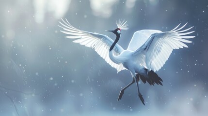 Rare and majestic East Asian crane known as the red crowned crane