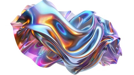 Background with fluid smooth chrome liquid texture wavy shape isolated on white, motion holographic effect
