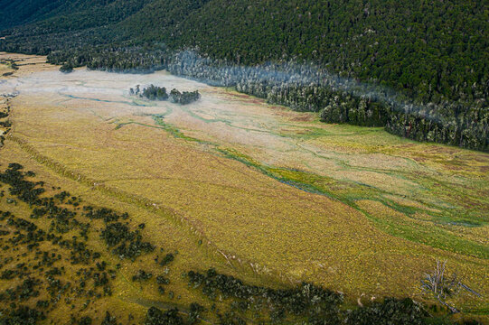 Aerial view of transparent Boyle River in natural landscape, Hanmer Springs, Canterbury, New Zealand.