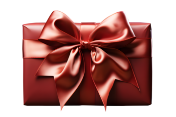 Angle red color or light red gift box with satin bow ribbon isolated on cut out PNG or transparent background. Festive holiday Christmas, happy new years, birthday. Festival very special time.	