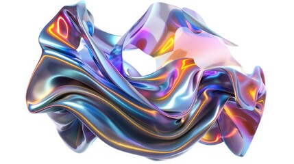 Background with fluid smooth chrome liquid texture wavy shape isolated on white, motion holographic effect