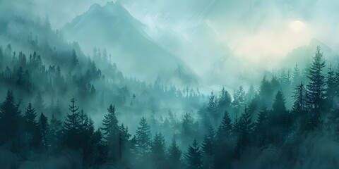 Mystical Mountain Landscape Shrouded in Ethereal Fog Enveloping Dense Evergreen Forest in Captivating Natural Serenity