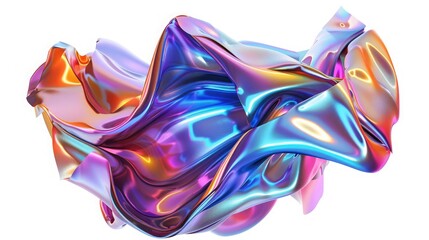 Background with fluid smooth chrome liquid texture wavy shape isolated on white, motion holographic effect