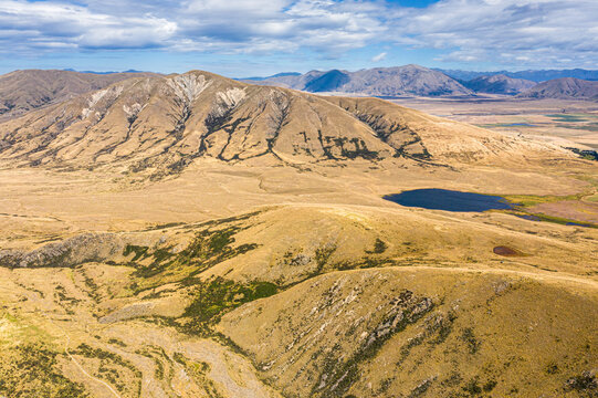 Aerial view of Emily Lake with Manuka Range, Ashburton Lakes, Canterbury, New Zealand.