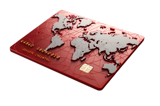 Digital credit card display red. grey world map pattern isolated on cut out PNG or transparent background. Technology Online card payment for purchases from online stores and online shopping.