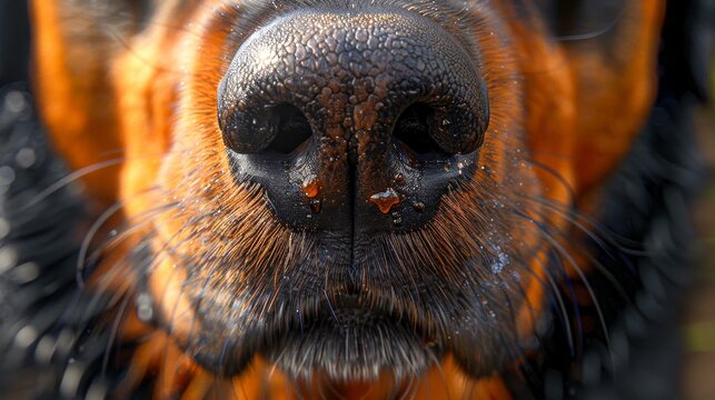 Close-up image of a dog's nose, showcasing the texture and details of its wet surface and fur, highlighting the sense of smell.
