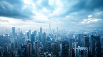 Viewed from a distance, Modern city buildings are arranged from left to right, The cloudy sky on background