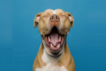 In a studio photo, a friendly dog is captured pulling a funny face, radiating charm and playfulness. This portrait perfectly captures the lovable and humorous nature of the dog.