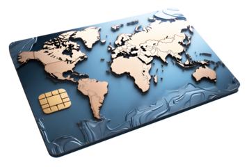 Digital credit card display dark blue. Gold world map pattern isolated on cut out PNG or transparent background. Technology Online card payment for purchases from online stores and online shopping.