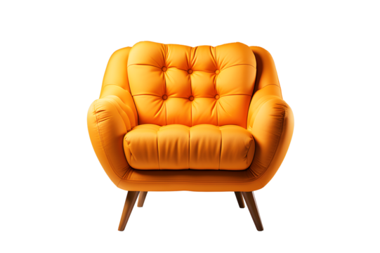 Front of Office leather chair or sofa small light orange isolated on cut out PNG or transparent background. Decorated place in living room or drawing room. Modern interior decoration meeting room.