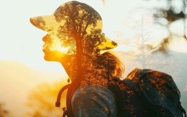 Double exposure of hiker with sunset and trees, symbolizing adventure and nature exploration in a serene outdoor setting.