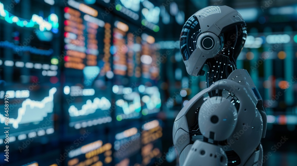 Poster a robot stands stoically in front of a massive wall filled with data, analyzing and processing infor
