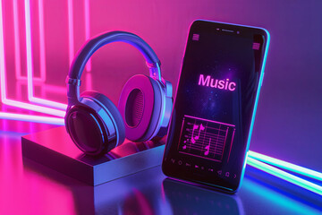 Music banner. Mobile smartphone screen with music application, sound headphones. Audio voice with...