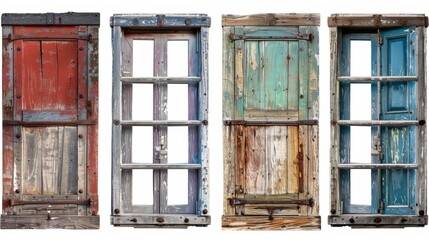 Obraz premium rustic old farm window frame set various colors open shutters weathered wooden texture isolated premium cutout