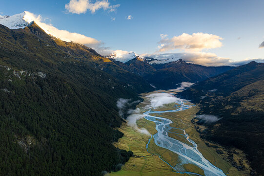Aerial view of Forbes Mountain and Rees River, Mount Earnslaw, Glenorchy, Otago, New Zealand.