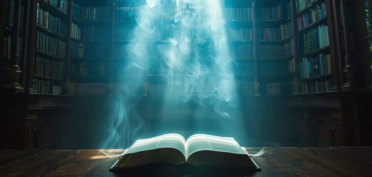 Open book in a sunbeam, focus on, narrative light, double exposure silhouette with darkened library corners