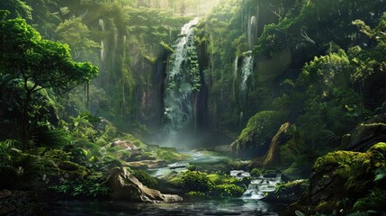 A secluded waterfall hidden deep within the forest, surrounded by lush greenery and moss-covered rocks.