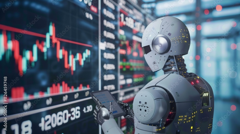Poster a robot is analyzing and reviewing a digital display showing fluctuating stock prices in real-time.