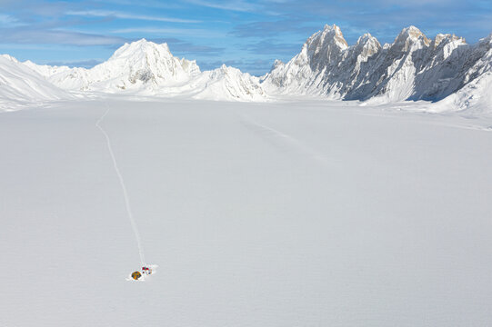 Aerial view of snow-covered Sim Gang glacier and Baintha Brakk mountains, Gilgit-Baltistan, Pakistan.