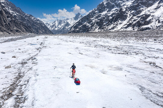 Aerial view of snow-covered Biafo glacier, ski pulka expedition, Shigar, Gilgit-Baltistan, Pakistan.