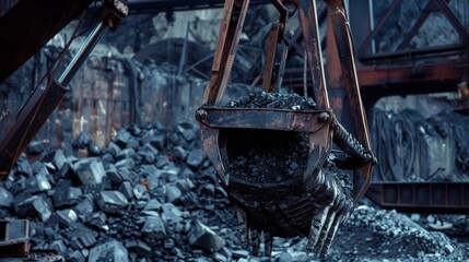 The metal claws of a crane gripping a mound of coal ready to load it onto the barge.