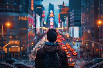 Fototapeta premium A solitary figure stands on a bustling city street at night, surrounded by glowing urban lights.