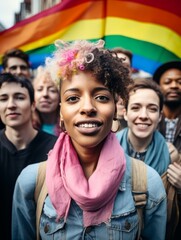 Fototapeta premium A diverse group of people smile and stand together holding a rainbow flag.