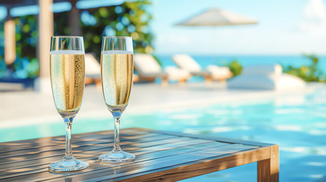 Two glasses of champagne on a table near a sun lounger and a pool with blue water, View from the hotel on background