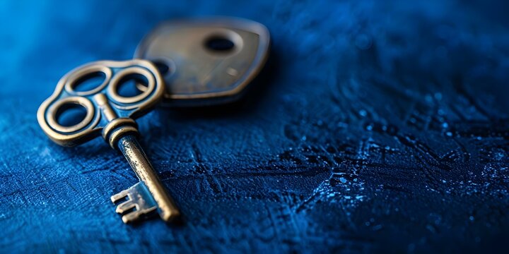 A key symbolizing online security and digital asset protection on blue backdrop. Concept Technology, Cybersecurity, Online Protection, Digital Assets, Key Symbol