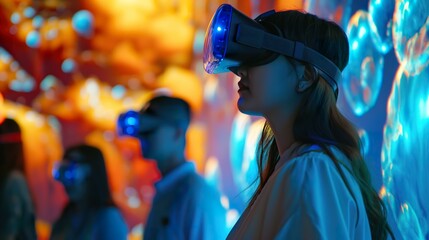 Woman with VR headset leads interactive travel demo for curious tourists.