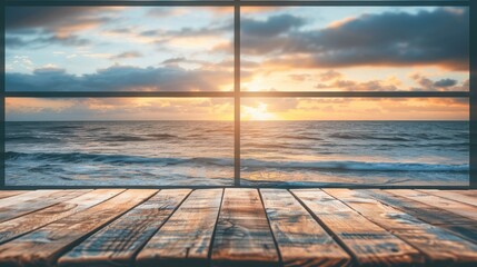 an empty wooden table with overcast lighting, set against a backdrop of an open window revealing a sea view - Powered by Adobe