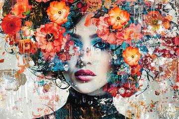 Abstract contemporary art wide panoramic collage portrait of young woman with flowers

