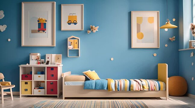 Children&rsquo;s Room Interior Design Featuring Mock-Up Posters on a Blue Wall
