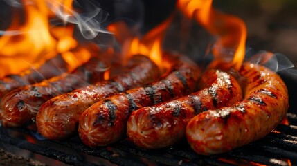 sizzling sausages on a flaming grill appetizing and crispy with copy space barbecue food closeup photo