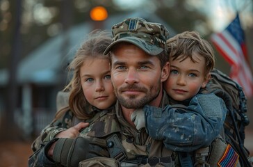 Fototapeta premium A man wearing a hat is hugging two children, one on each arm. They are all smiling for the camera.