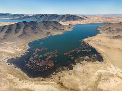 Aerial view of Baga lake and Ulaagchiin khar lake, Tsetsen-Uul, Zavkhan, Mongolia.