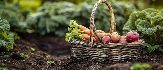 A basket full of vegetables, including carrots and potatoes, sits on the ground. The basket is woven and the vegetables are fresh and ready for cooking. - Powered by Adobe