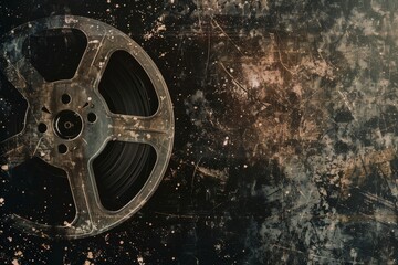 Obraz premium A black and white film reel is on a dirty surface