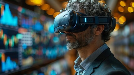 A businessman using virtual reality goggles for financial simulations, showcasing innovative technology in finance.