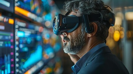 A businessman using virtual reality goggles for financial simulations, showcasing innovative technology in finance.