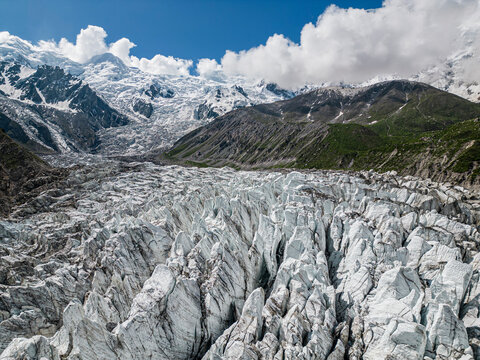 Aerial view of snow-covered Rakhiot glacier and Nanga Parbat mountain, Astore, Skardu, Pakistan.