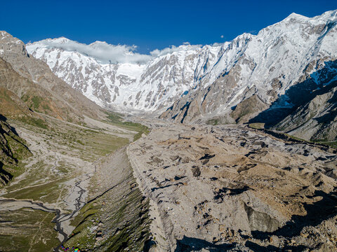 Aerial view of snow-covered Himalayas with Diamir Glacier and Nanga Parbat, camp site, Astore, Skardu, Gilgit-Baltistan, Pakistan.