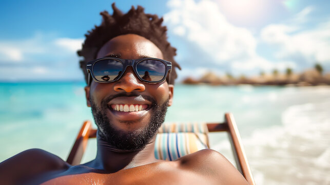 Happy young black man relaxing on deck chair at beach wearing spectacles. Smiling black man with sunglasses enjoy vacation. Carefree happy young man sunbathing at sea